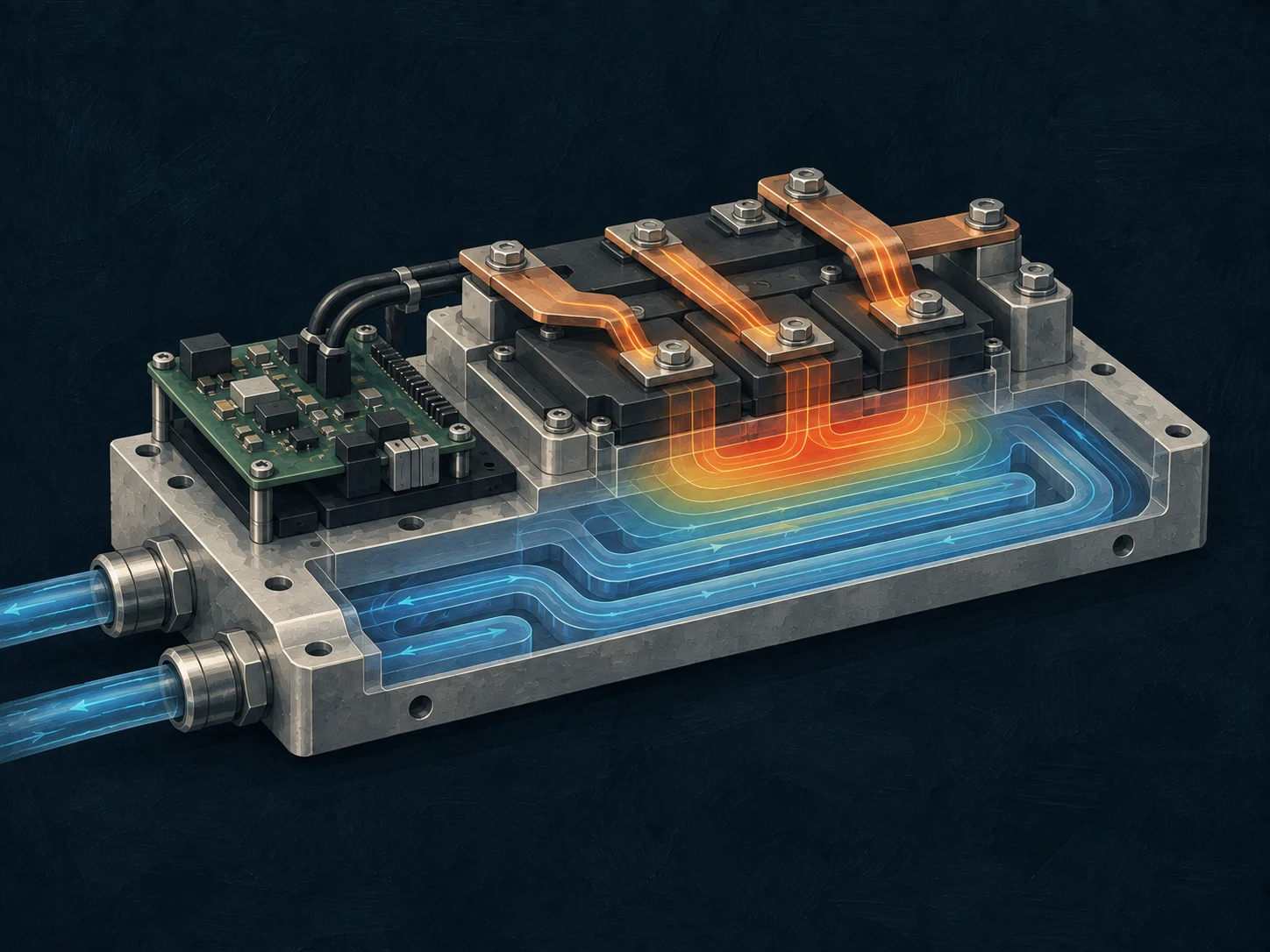 Concept illustration of power electronics coupled to a liquid cooling plate