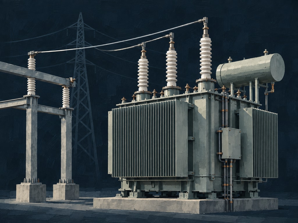 Conceptual illustration of a transmission tower and transformer installation