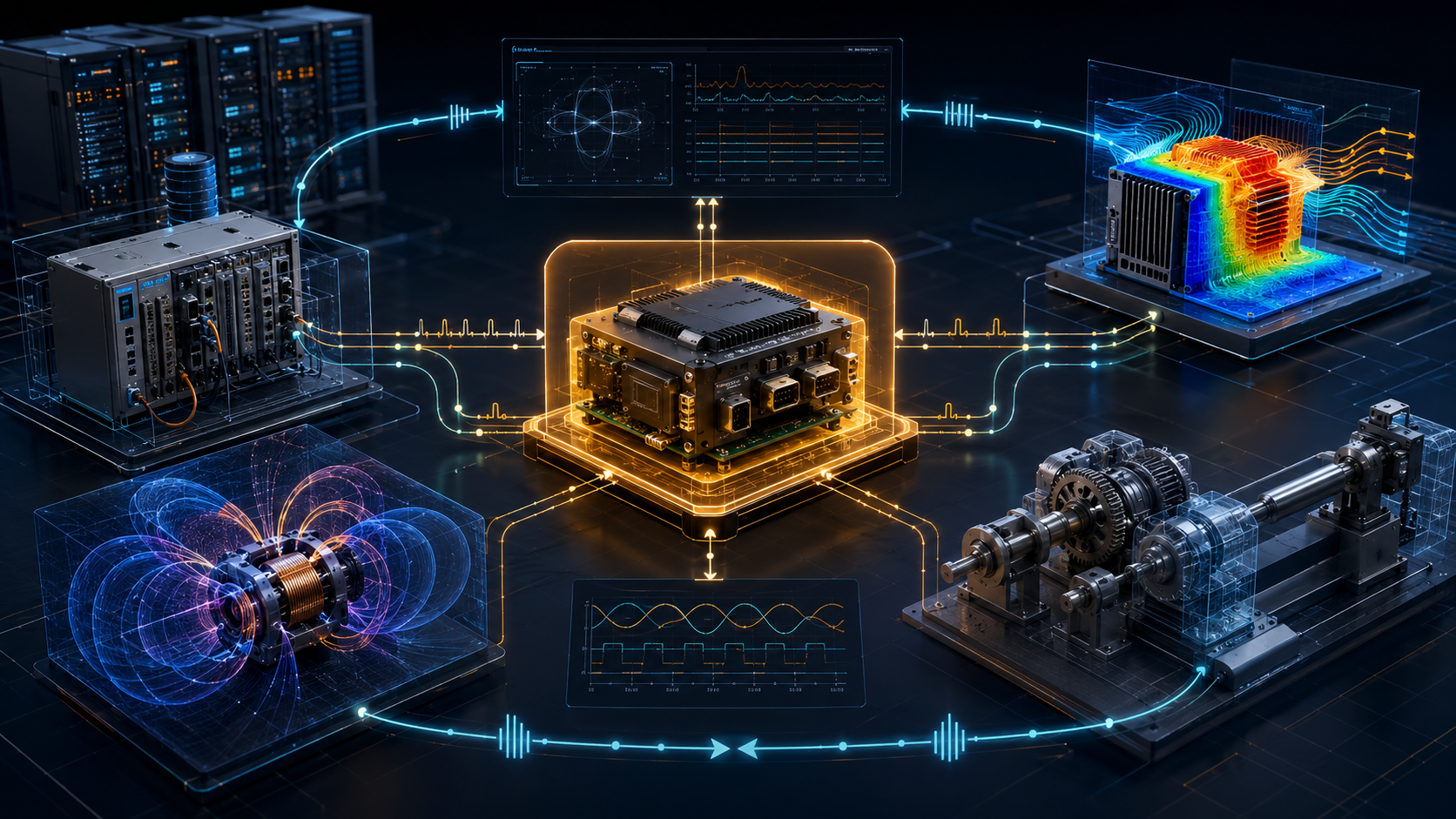 Illustration of a real-time and multiphysics workflow with a highlighted reusable runtime module at the center.