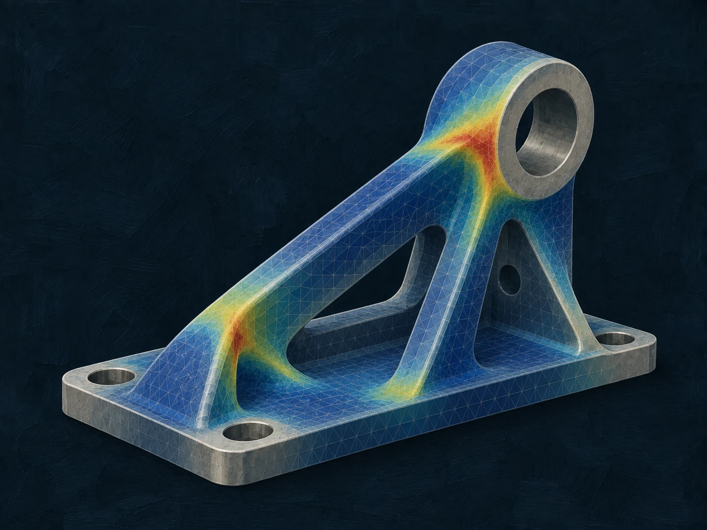 Concept illustration of a structural bracket with a mesh and colored field overlay