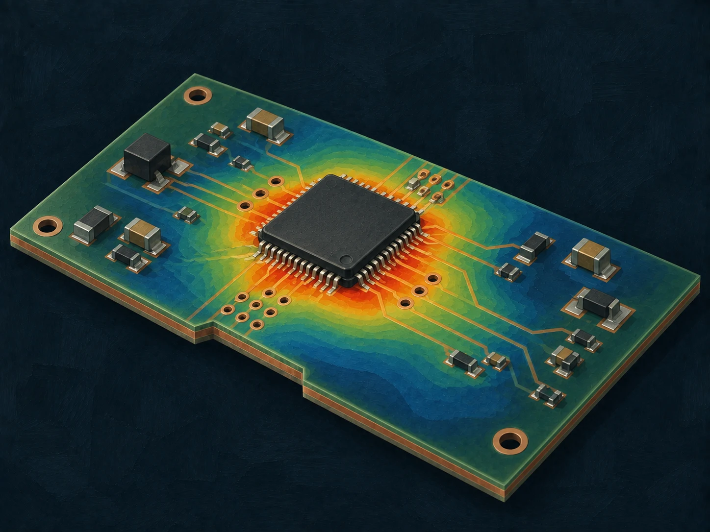 Concept illustration of a circuit board with a thermal field around its processor